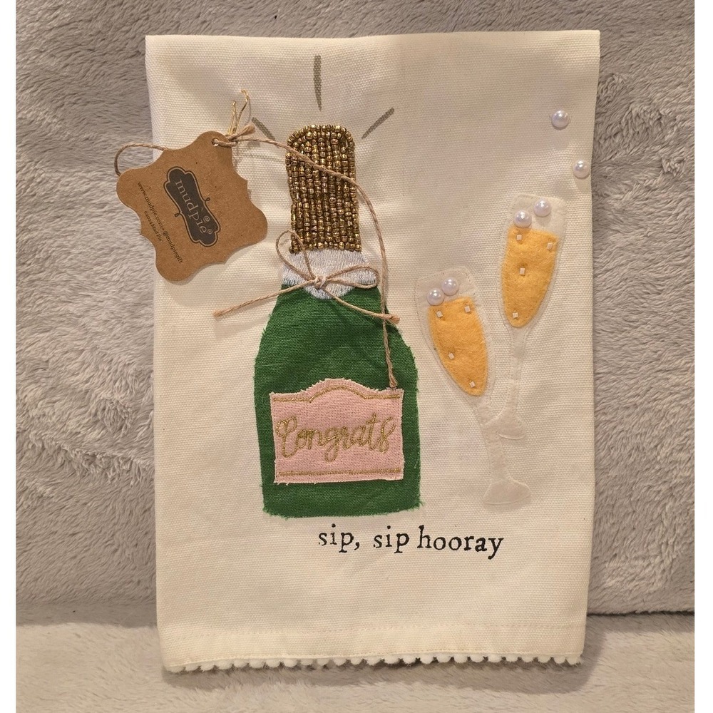 Mud Pie Sip Hooray Wedding Tea Towel Champagne Beaded Applique 42170170S NEW
